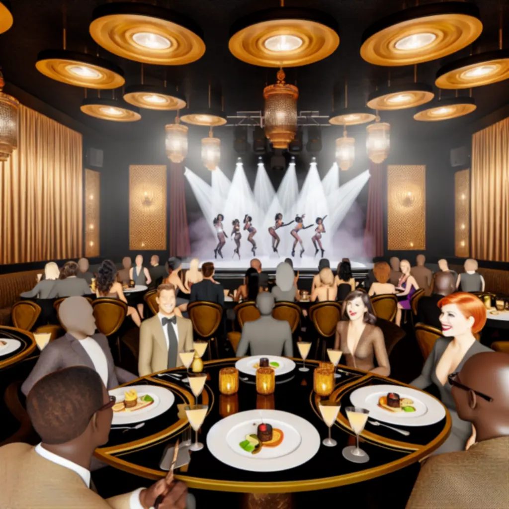 Lounge kabaretowe: małe talerze, złote akcenty i scena z występami na żywo
