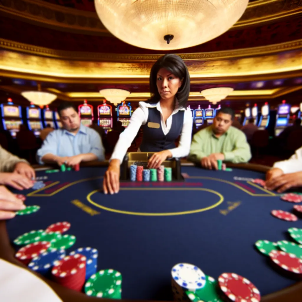 Stół pokerowy na żywo w stylu Vegas z krupierem i graczami