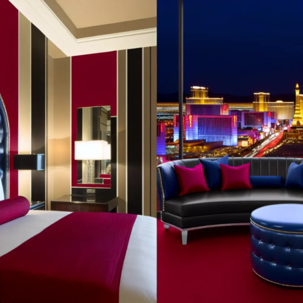 Luksusowy pokój hotelowy w stylu Vegas z karmazynowo-złotymi akcentami