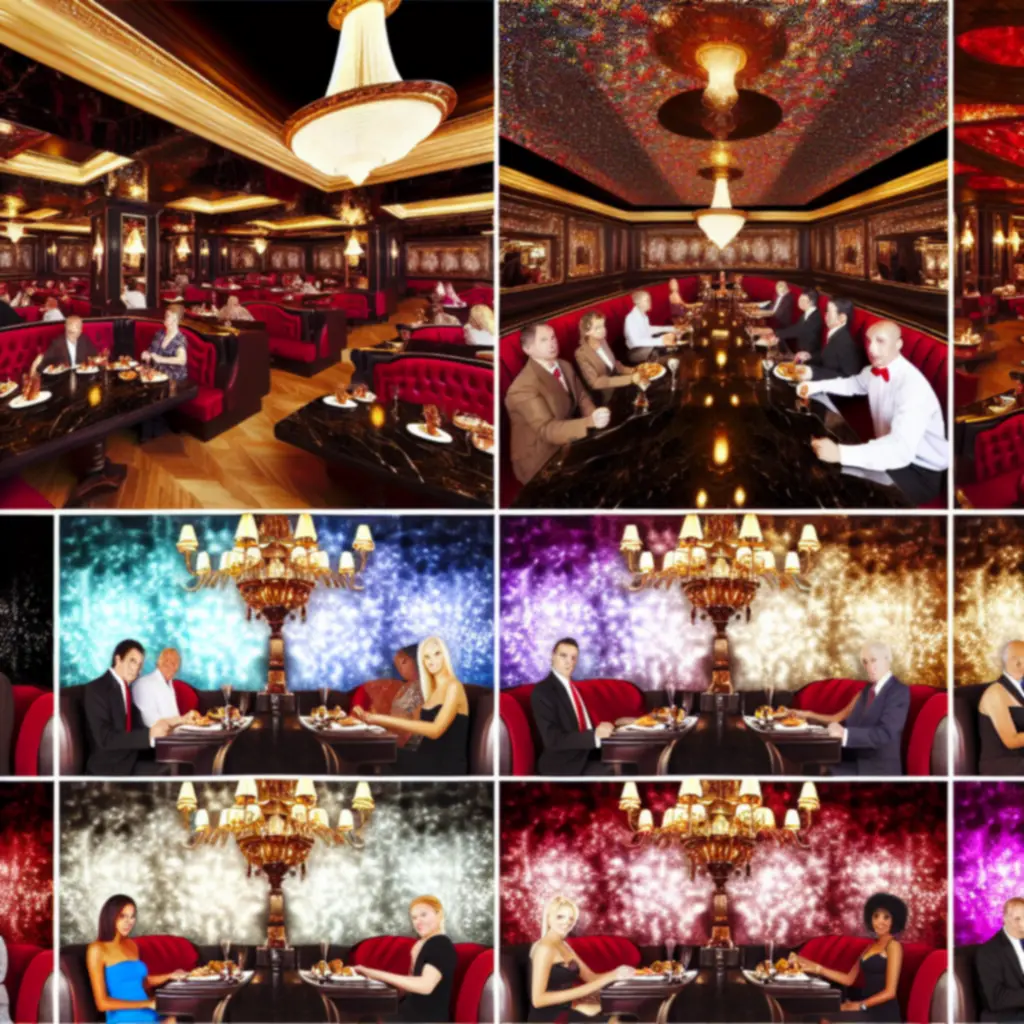 Wytworna sala restauracyjna w stylu vintage Vegas: złote akcenty, głęboka czerwień i nastrojowe oświetlenie